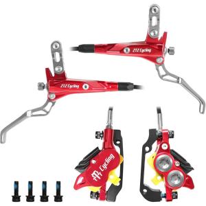 image:imageMTB Hydraulic Disc Brake Set 4 Pistons Front 850mm and Rear 1580mm Hydraulic Brakes with Aluminum Alloy Lever with Caliper Ceramic Brake Pad Fit Mountain Bike Ebike Fat BikePreBledRed